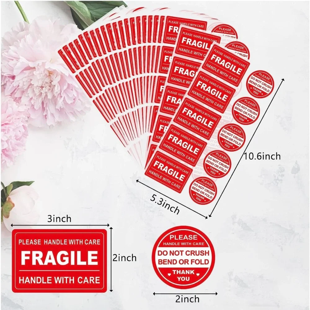 New 100 Pcs Handle With Care Fragile Circle Rectangle Packing Stickers